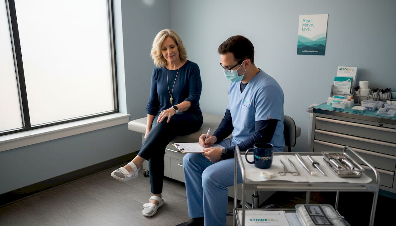 Patient discusses foot surgery recovery with podiatrist