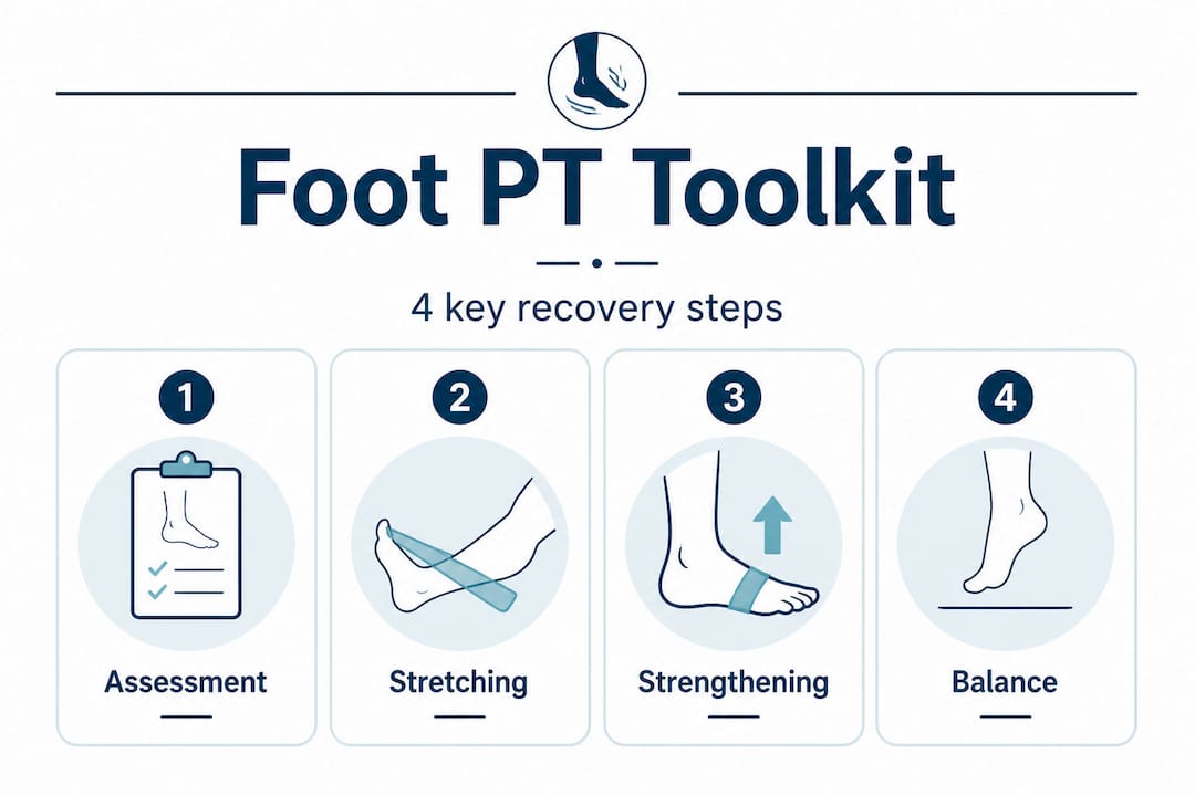 Infographic outlining four steps of foot PT