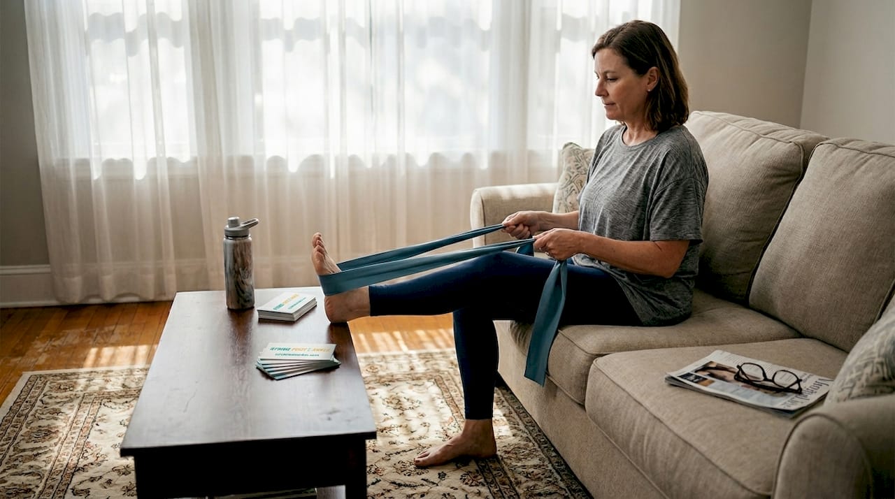 Middle-aged woman stretching foot on couch