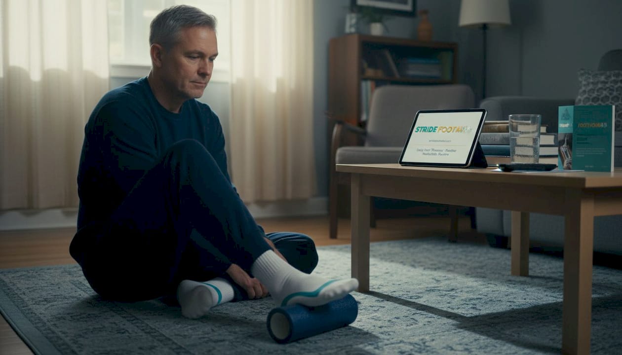 Man doing foot care routine with foam roller