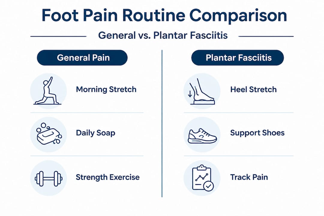 Infographic comparing general foot pain and plantar fasciitis routines