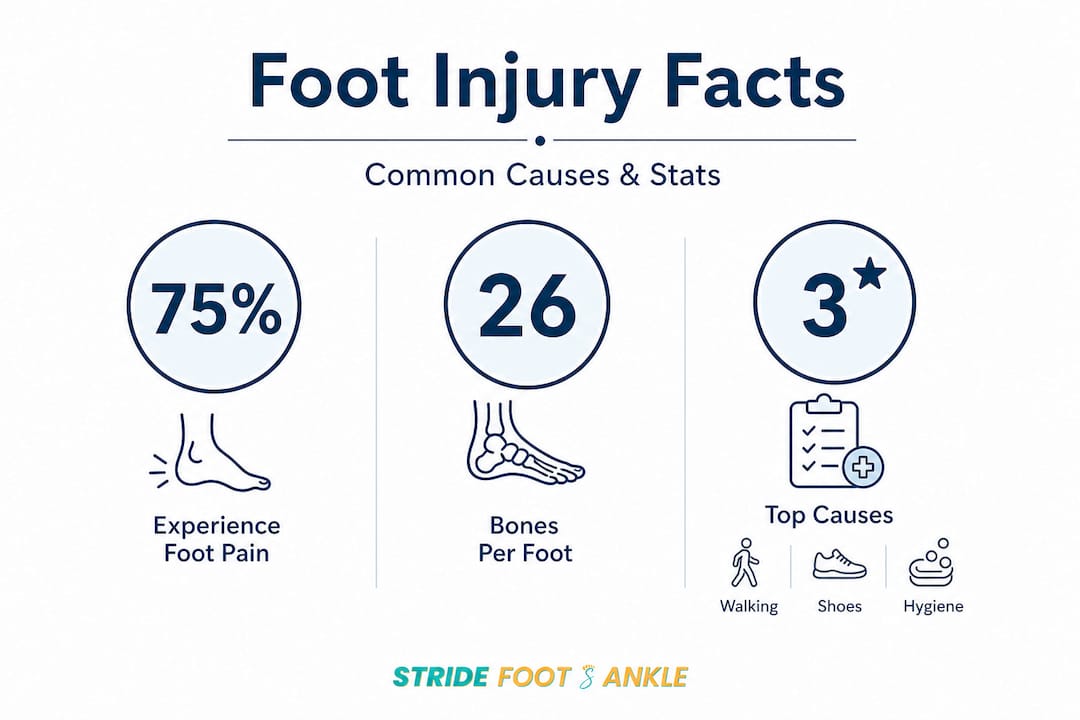 Infographic with foot injury statistics and causes