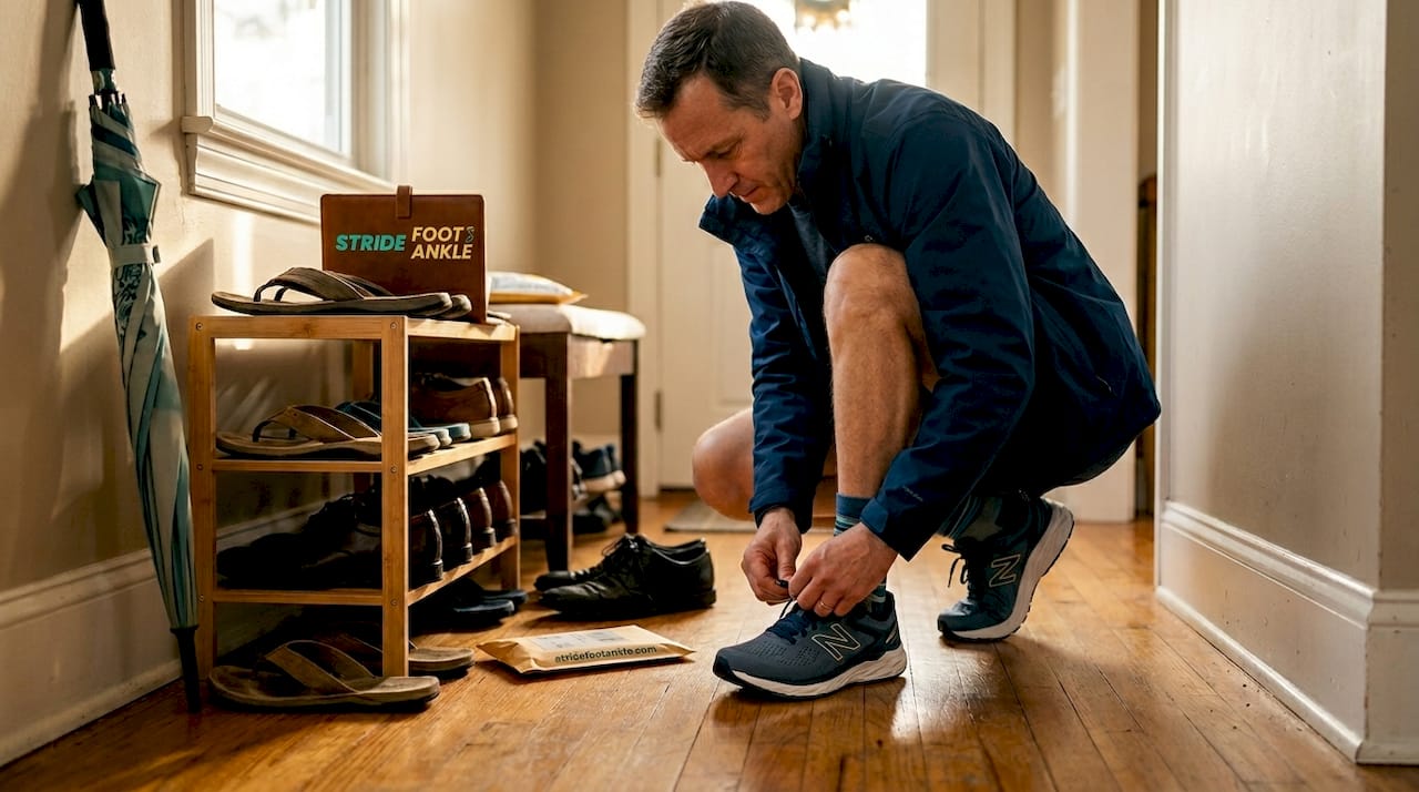 Man selecting supportive shoes in hallway
