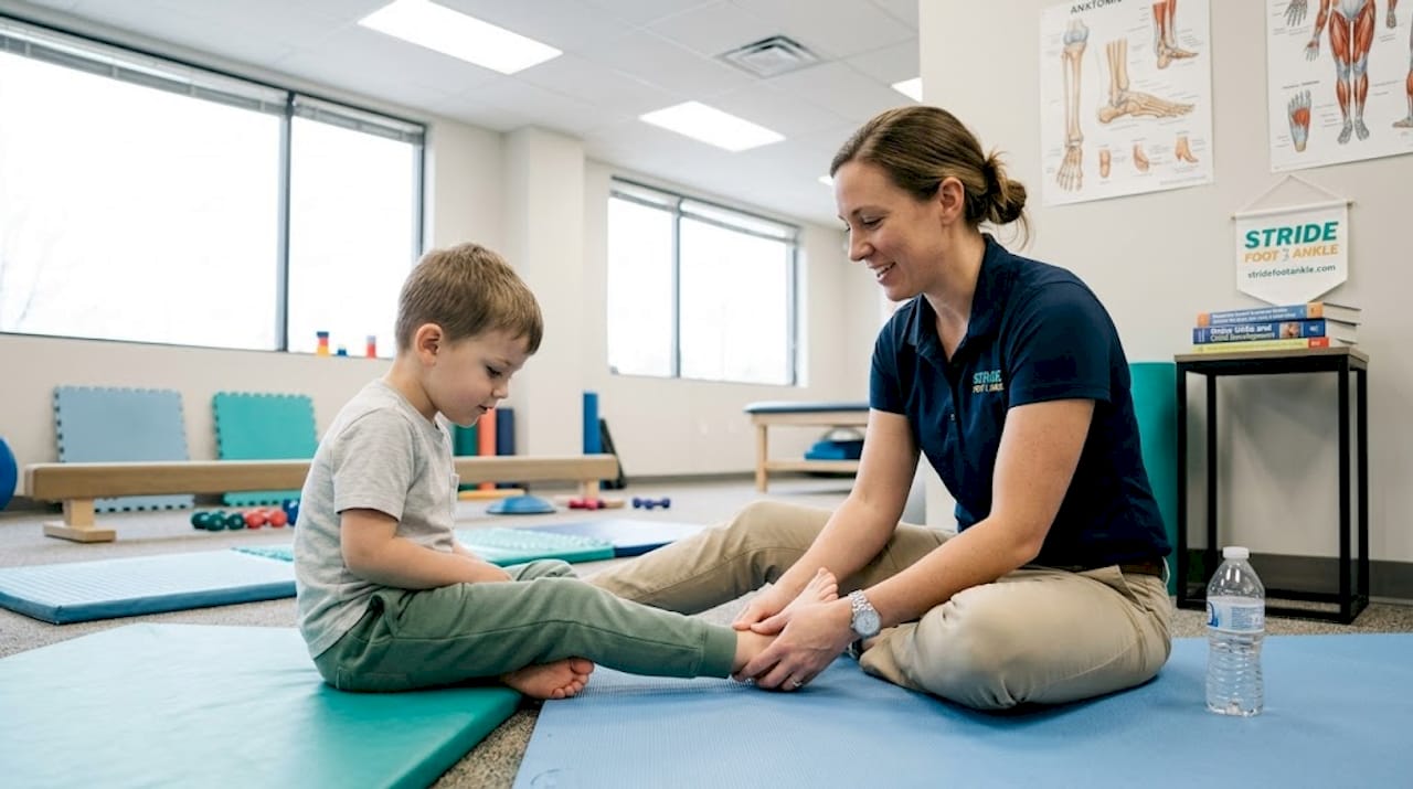 Therapist helping child with foot stretch