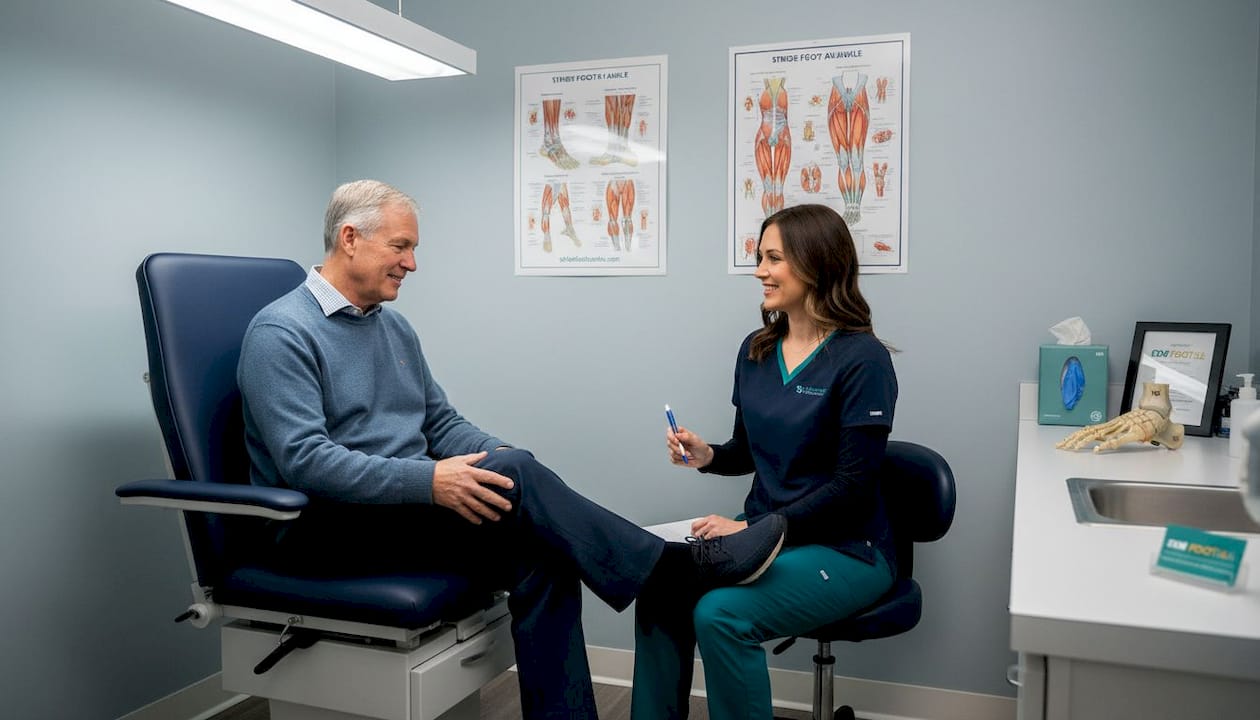 Patient consulting podiatrist in medical exam room