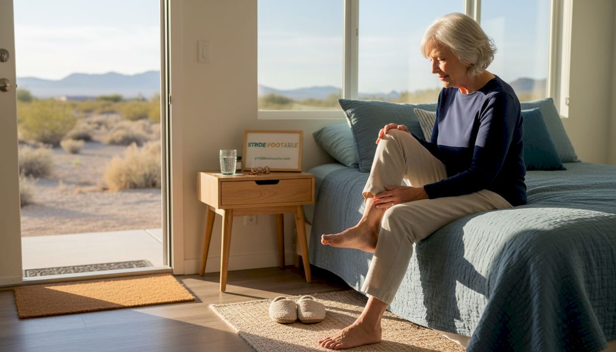 Senior inspects foot in sunlit bedroom