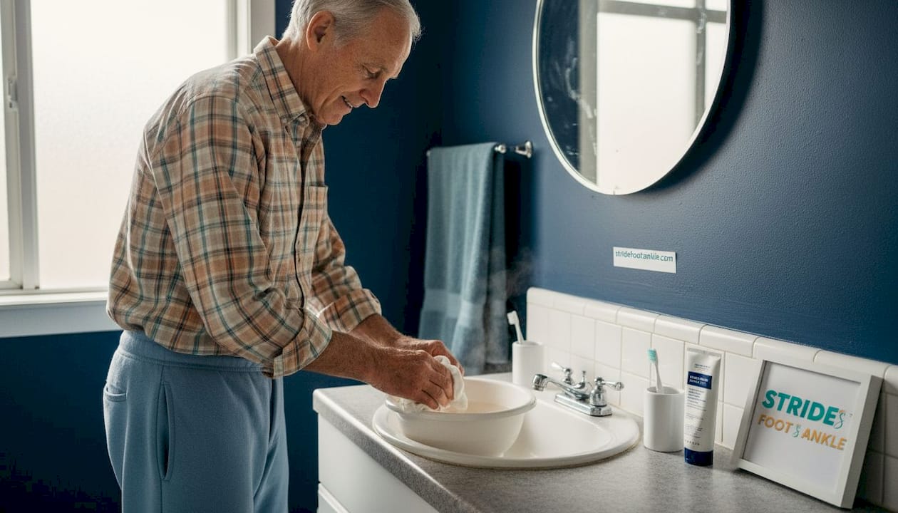 Elderly man washing foot in bathroom