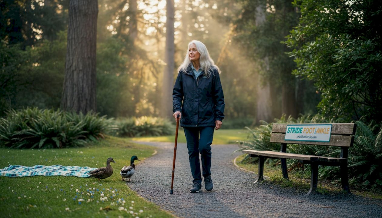Senior woman walks with cane on park path