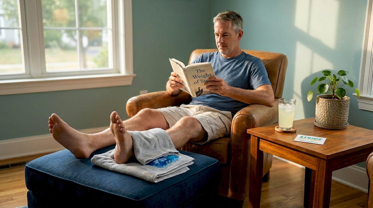 Man elevates feet with ice pack in kitchen