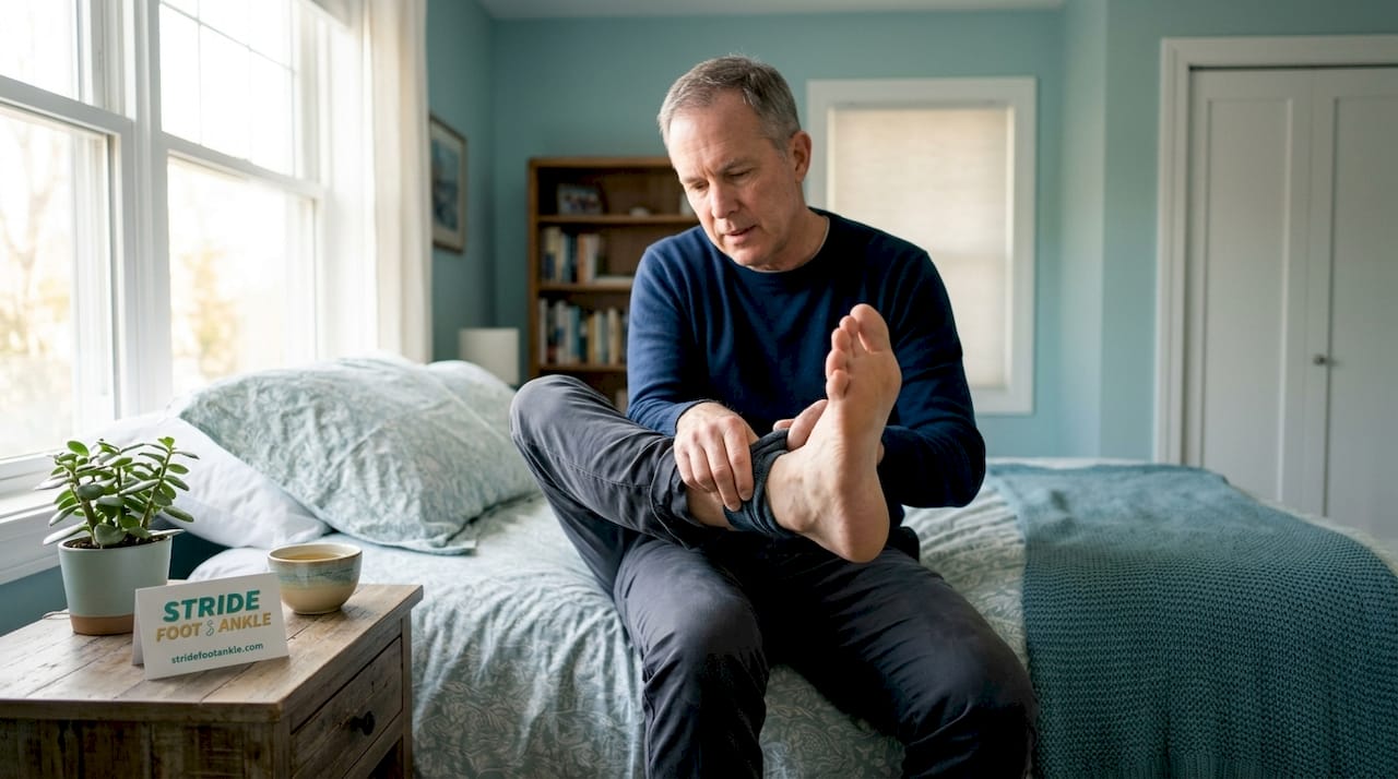 Man inspecting foot as part of daily routine