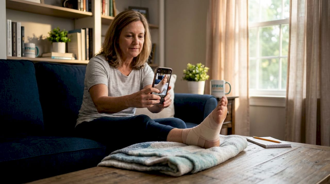 Woman photographing bandaged foot for wound check