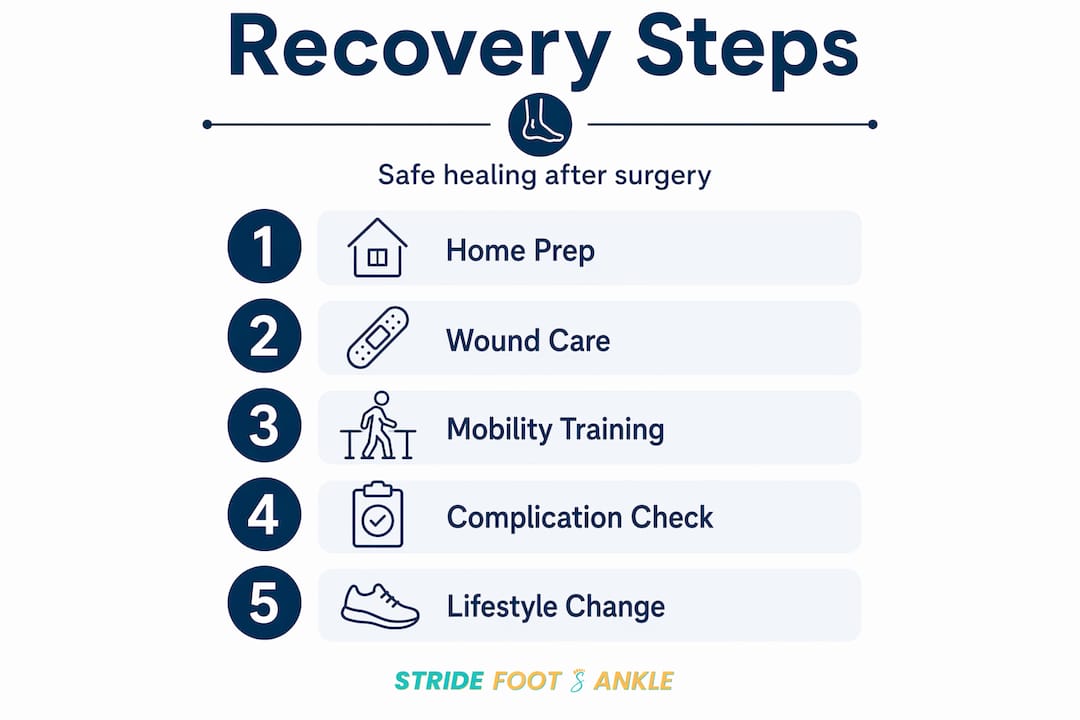 Infographic showing five steps of foot surgery recovery