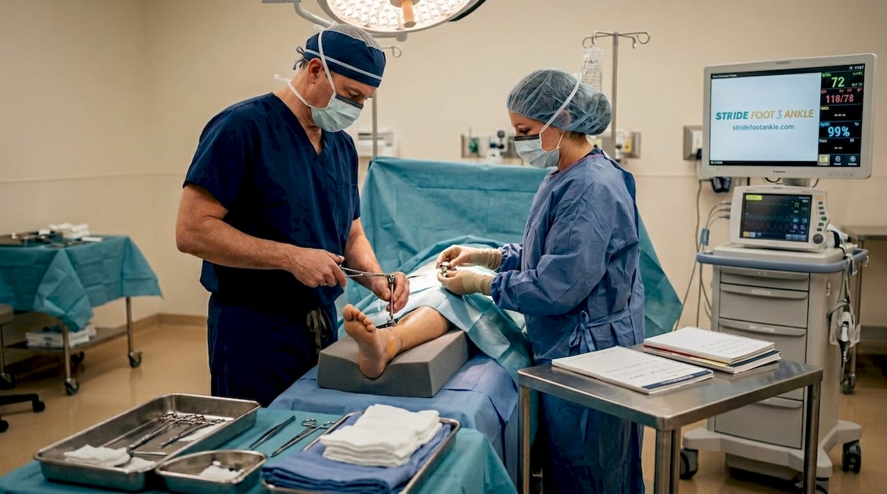 Surgeons performing total ankle replacement procedure