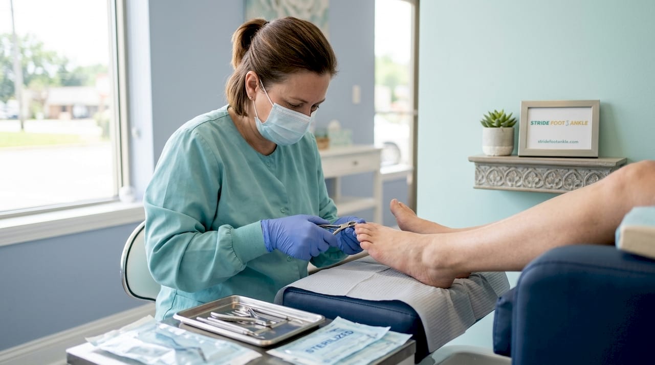 Technician performing safe toenail trim in salon