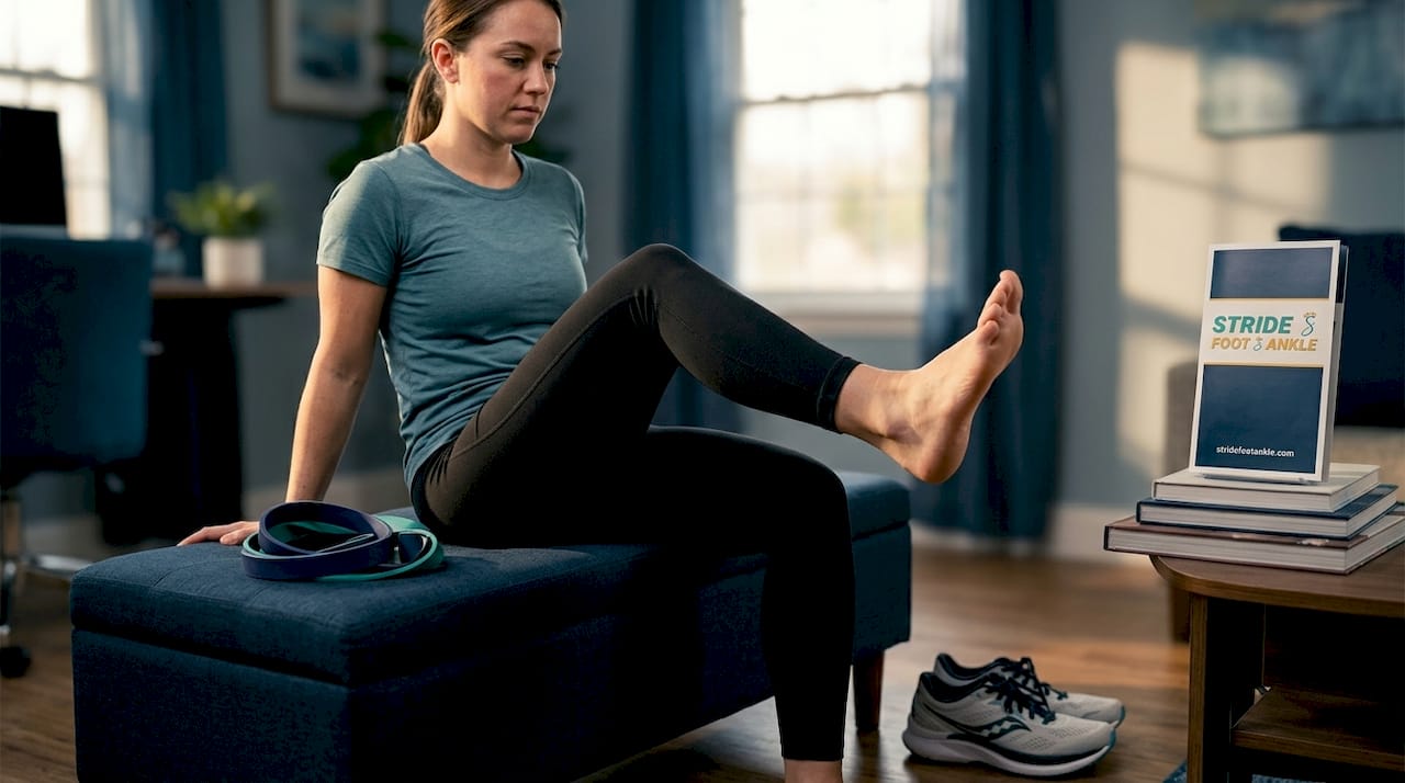 Woman doing ankle alphabet rehab in bedroom