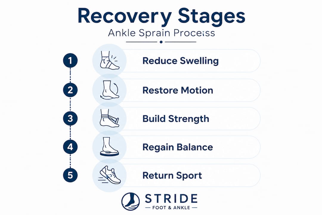Infographic of ankle sprain recovery stages flow