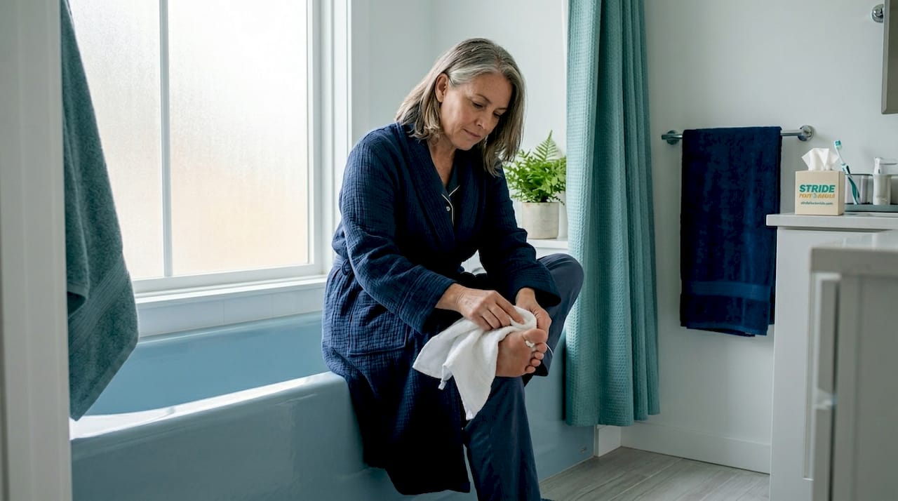 Person drying between toes in bathroom