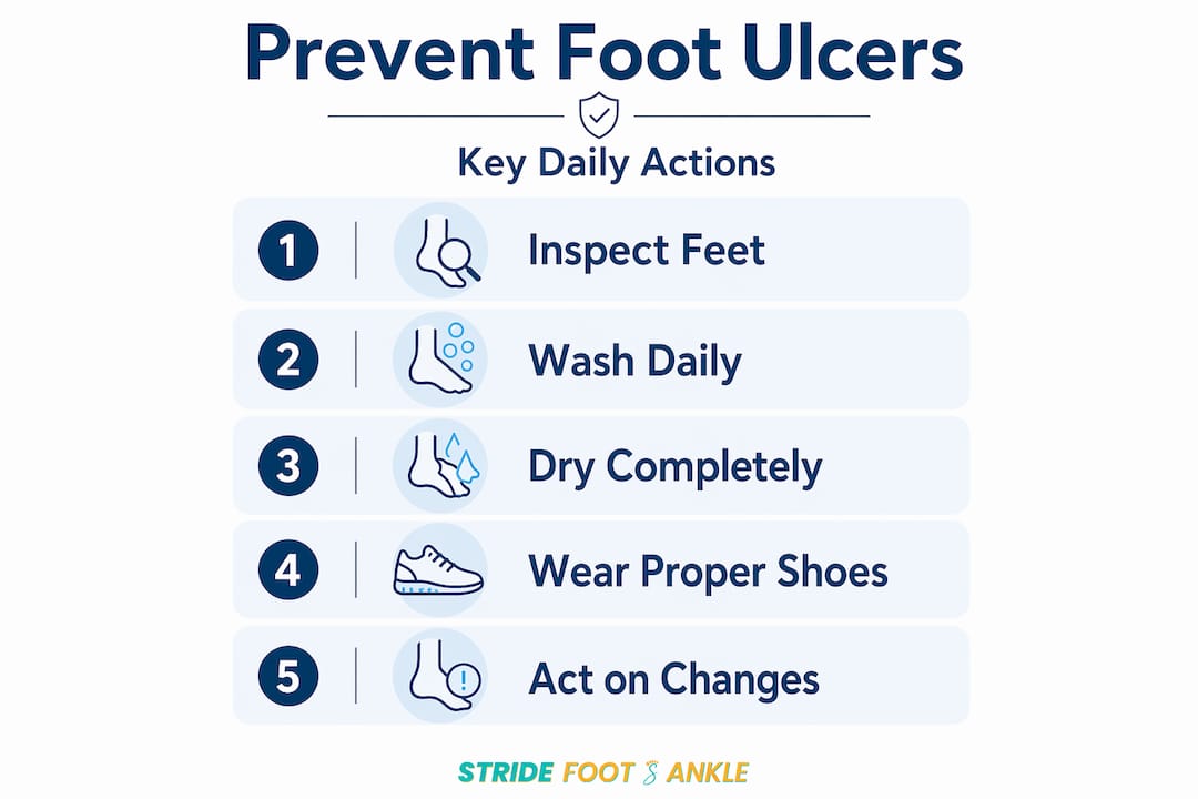 Vertical flow infographic daily foot ulcer prevention steps