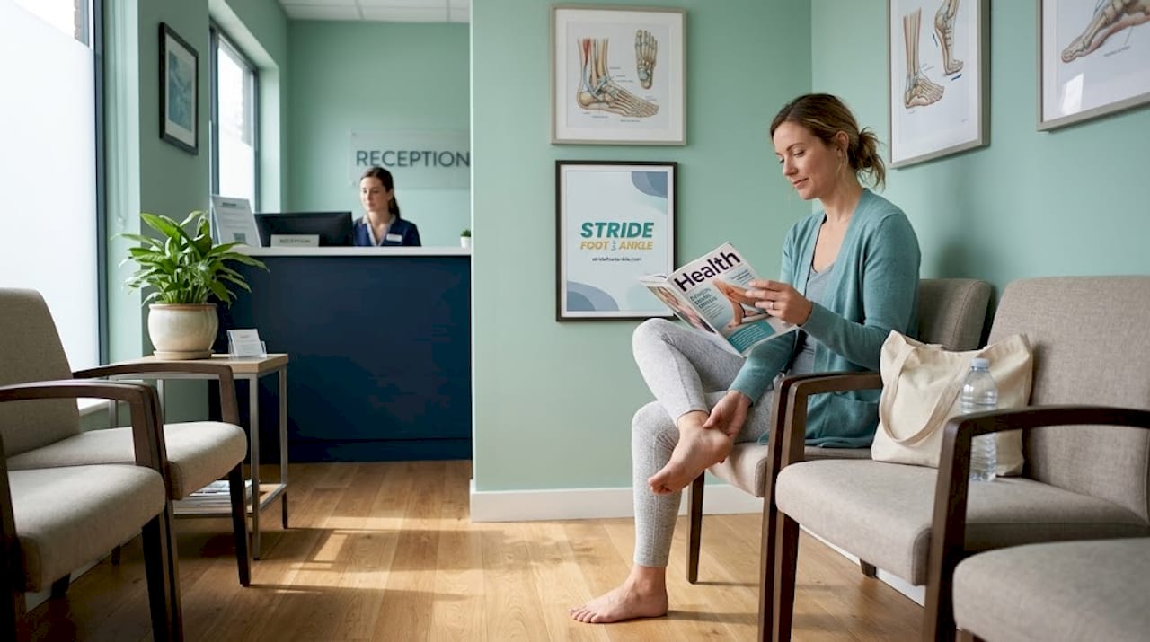 Woman rubs heel in clinic waiting room