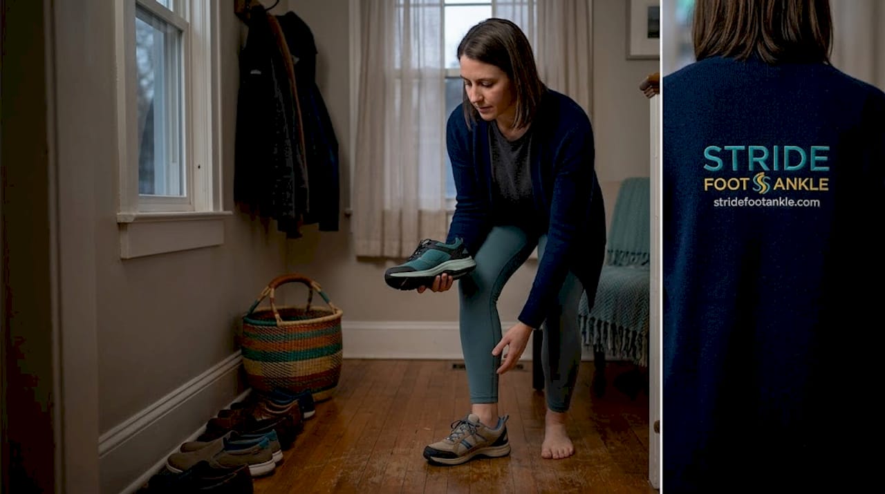 Woman comparing supportive shoes at home