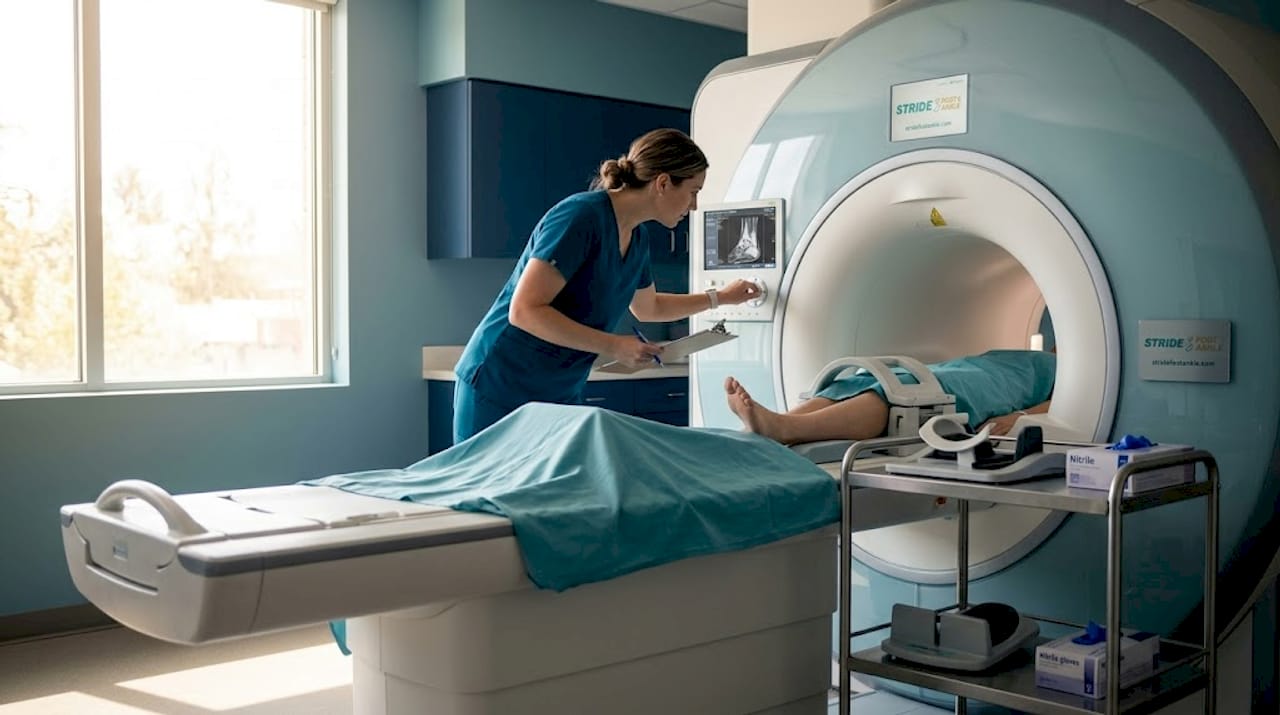 Technician preparing foot MRI in clinical suite