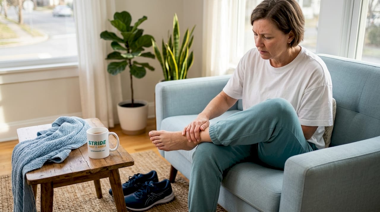 Woman self-massaging sore ankle at home