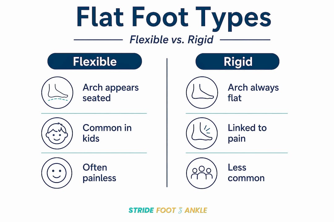 Infographic comparing flexible vs rigid flat foot