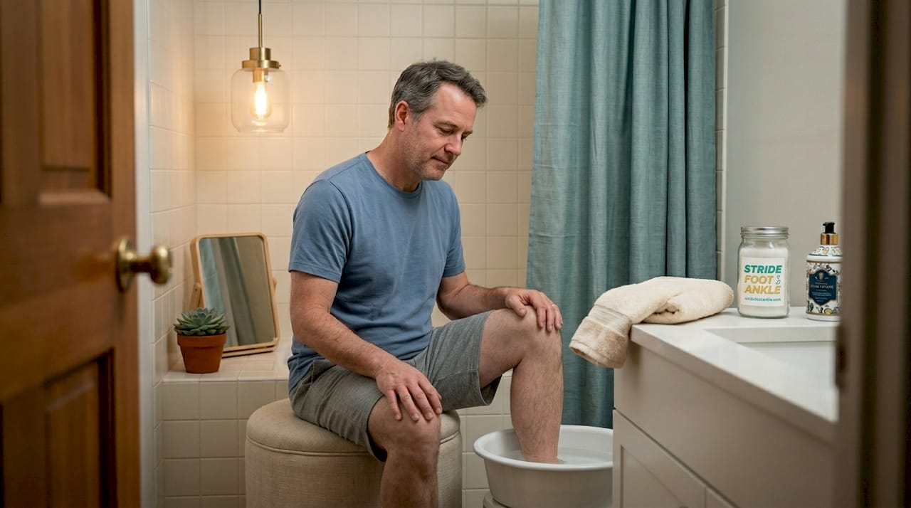 Man soaking foot in basin during home care
