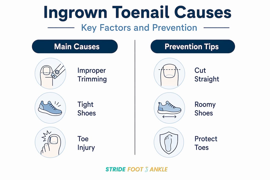 Infographic comparing main causes and prevention tips for ingrown toenails