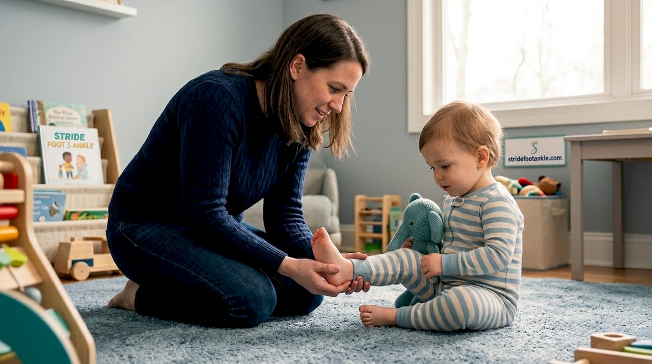 Parent inspects toddler’s feet at home