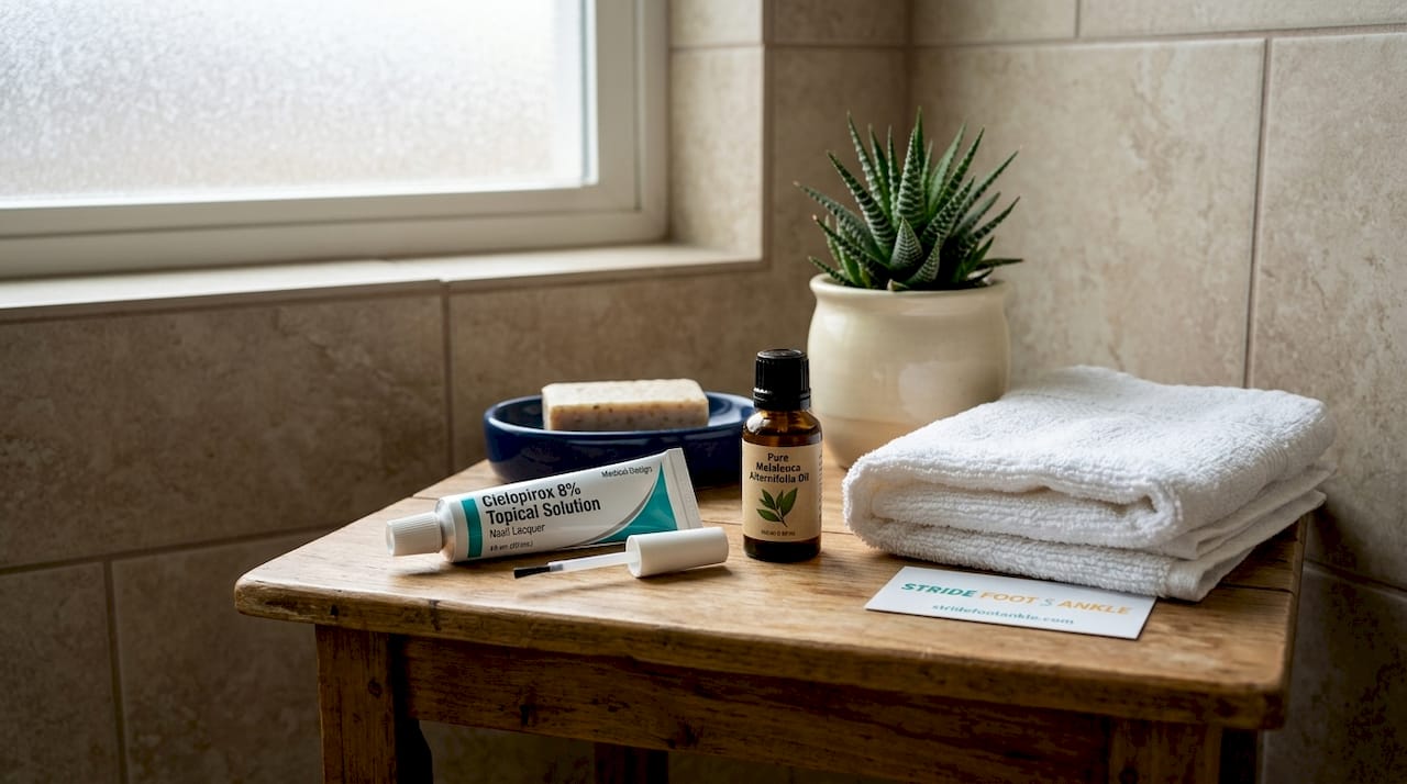 Topical antifungal nail treatment products on table