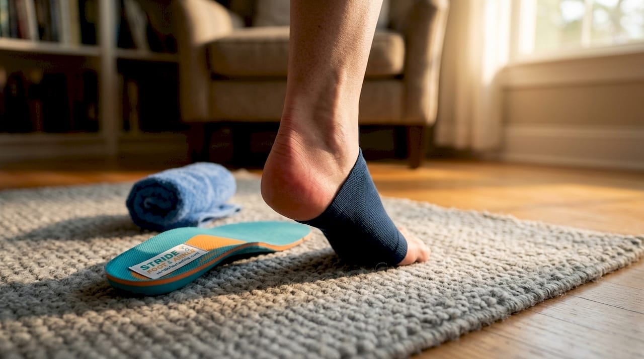 Foot showing heel pain with ice pack and orthotic insoles nearby