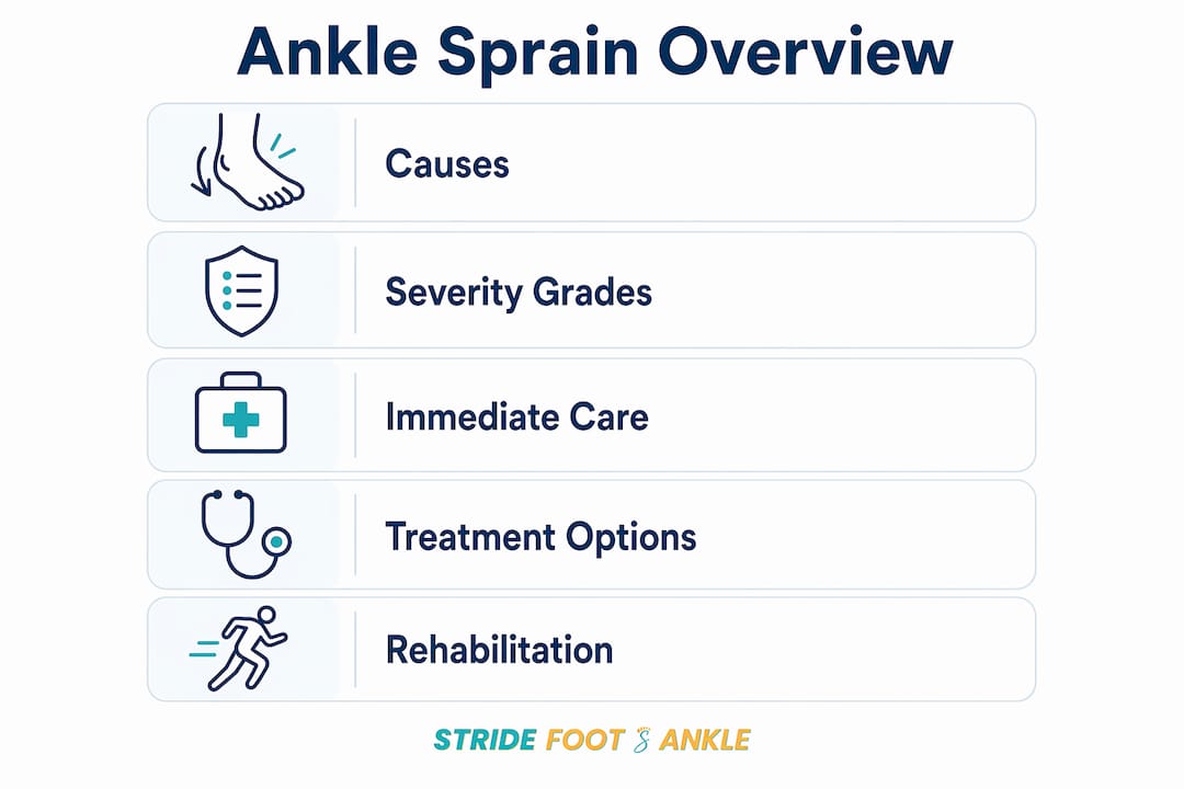 Infographic illustrating ankle sprain overview steps
