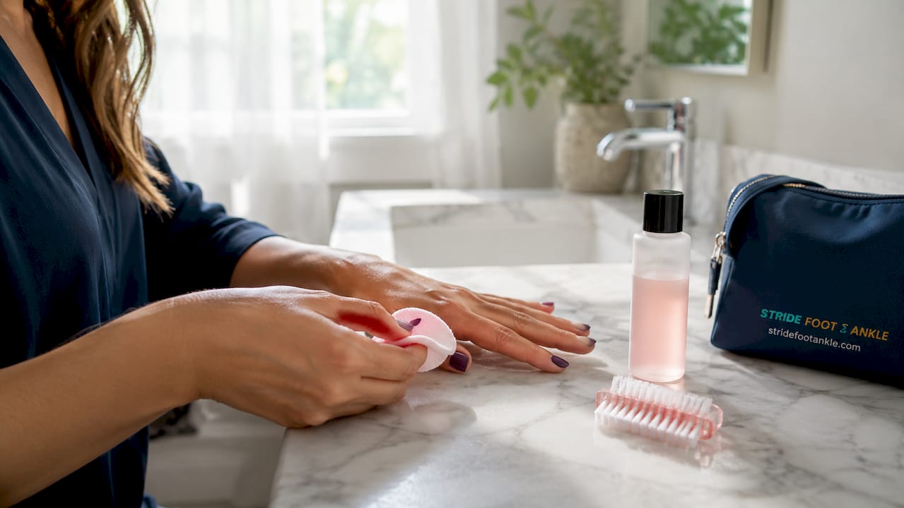 Close-up hands removing nail polish stains with cotton