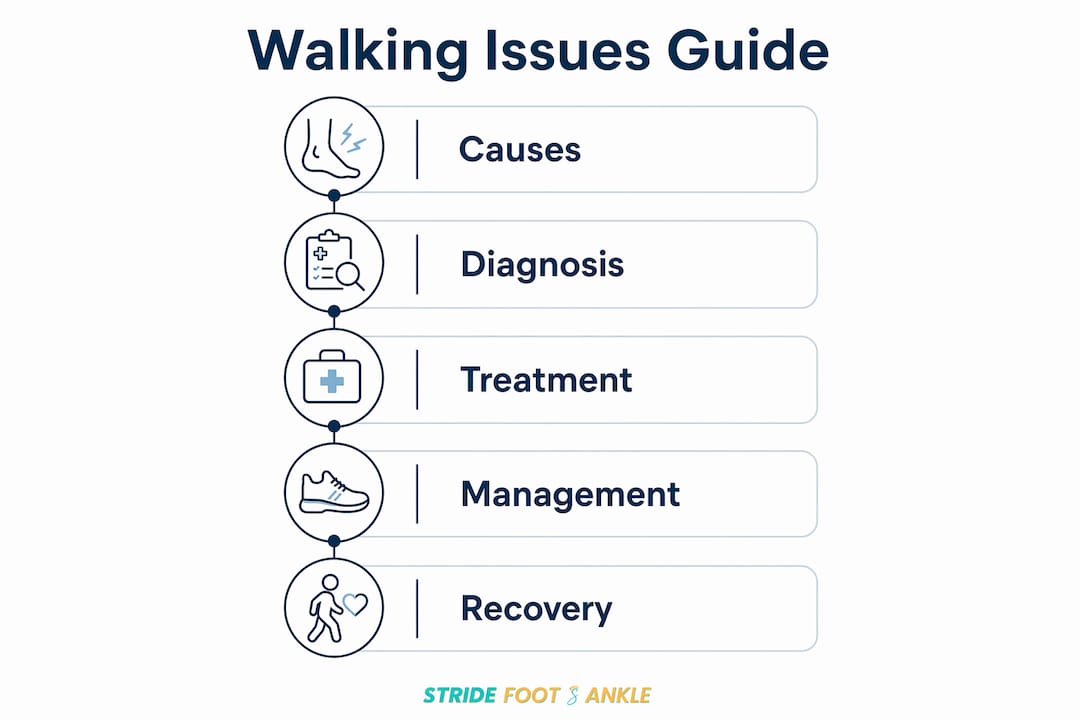 Infographic outlining walking issues causes, diagnosis, treatment