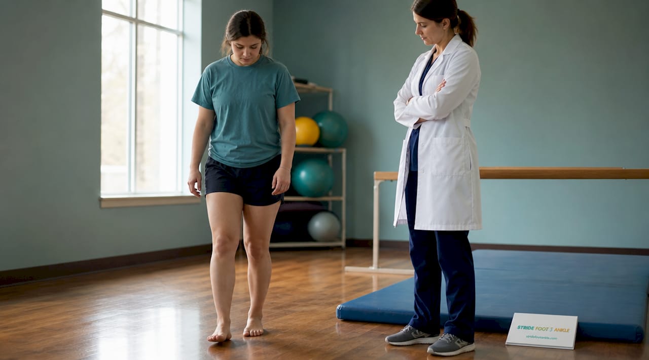 Doctor observing patient walking during exam
