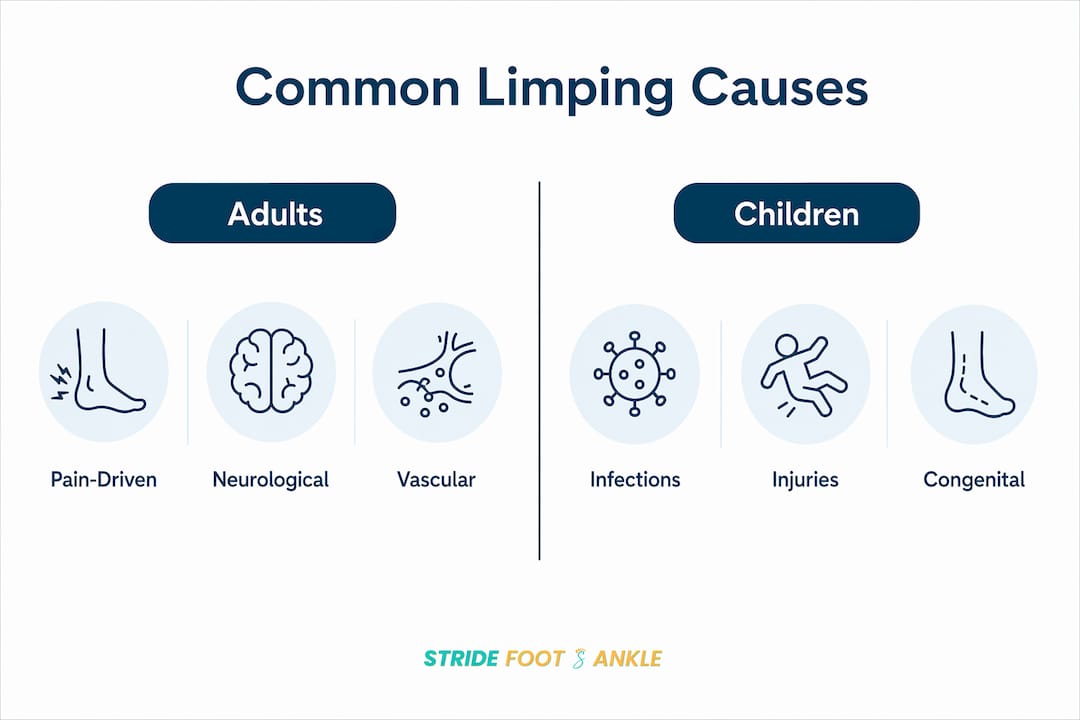Infographic comparing adult and child limping causes
