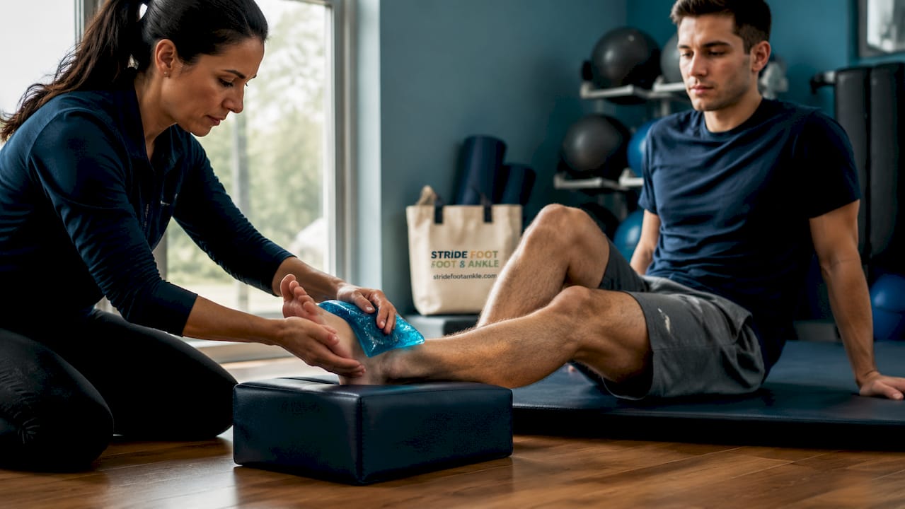 Physiotherapist applying cold pack to ankle
