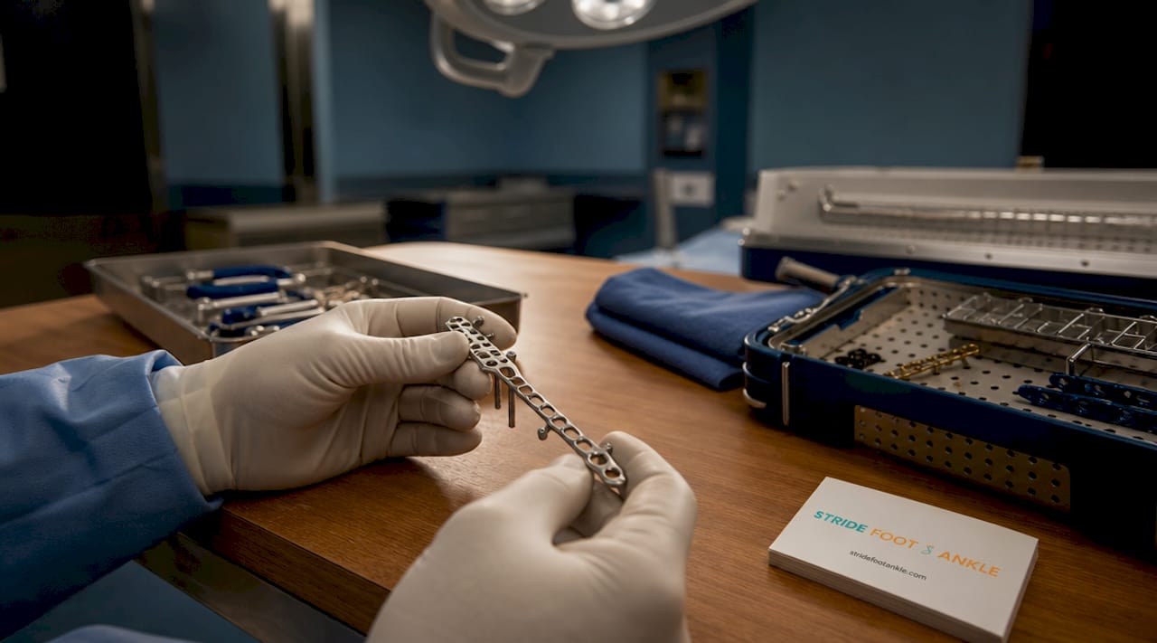 Surgeon's hands inspecting surgical screws and plate