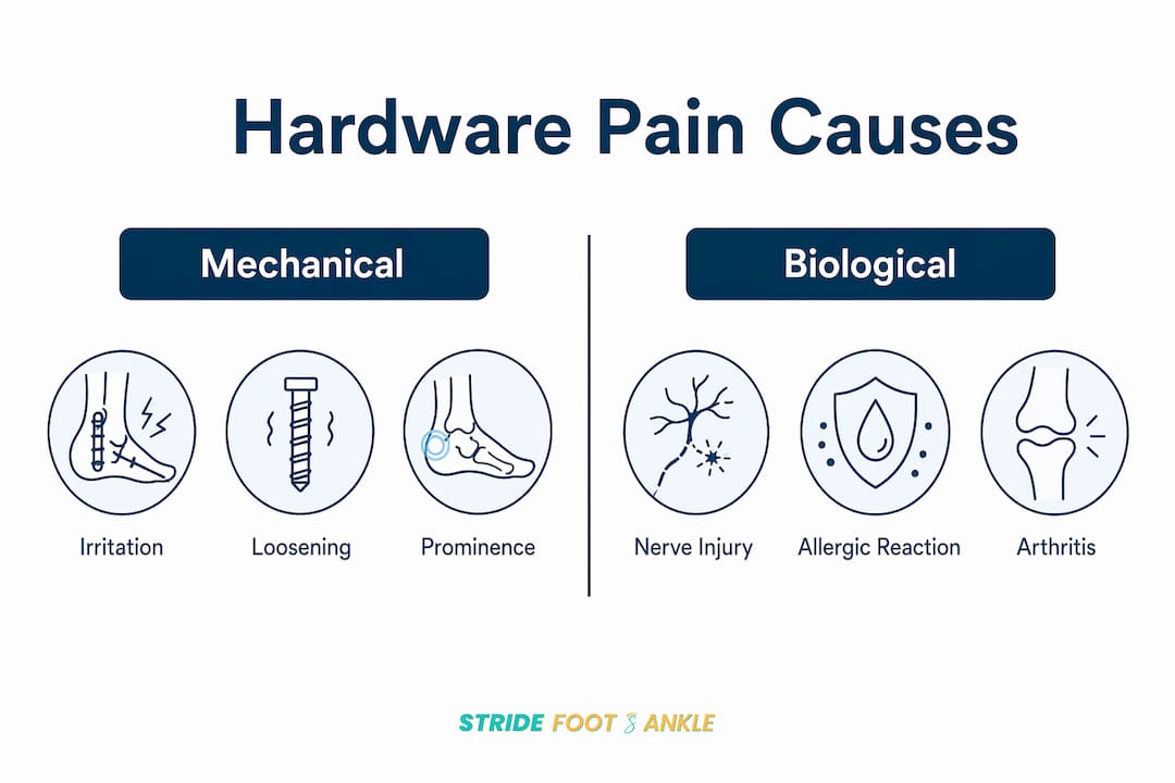 Infographic displaying mechanical vs biological causes of hardware pain