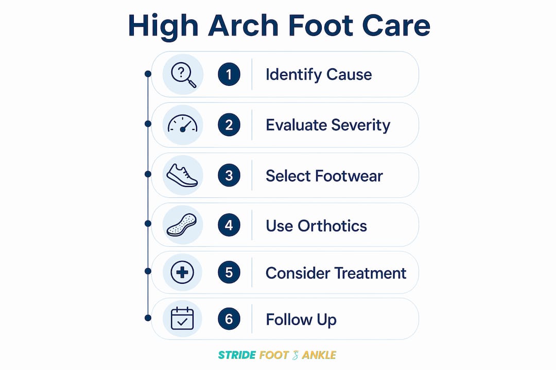 Infographic detailing high arch foot care steps
