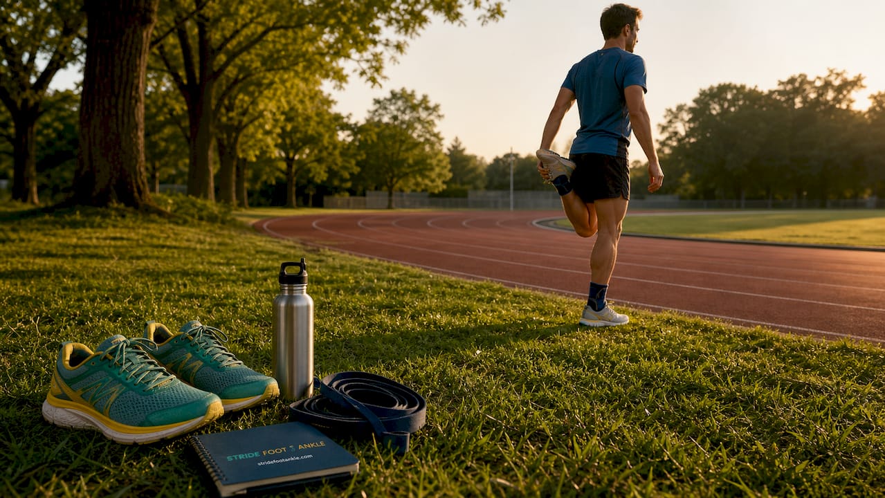 Runner preparing with ankle braces on track