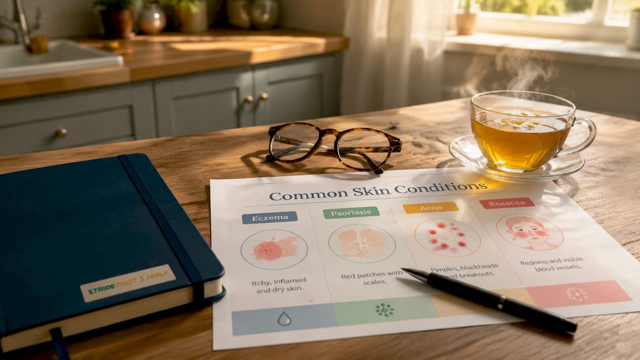 Printed chart of common skin conditions on desk