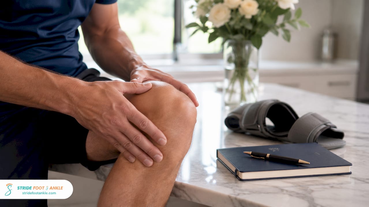 Close-up of hands holding knee joint