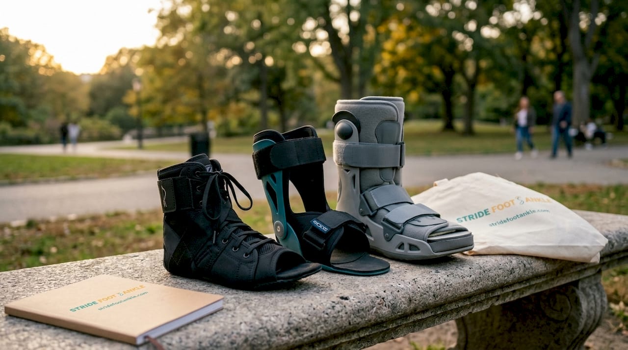 Various types of foot and ankle braces laid out