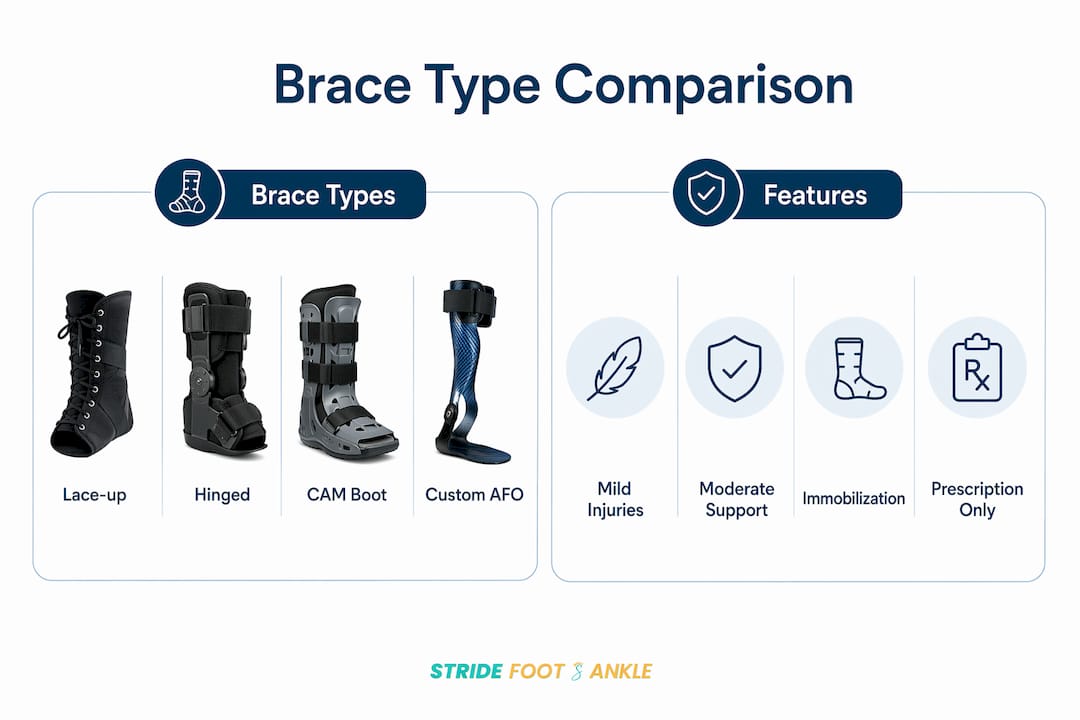 Infographic comparing foot and ankle brace types with features