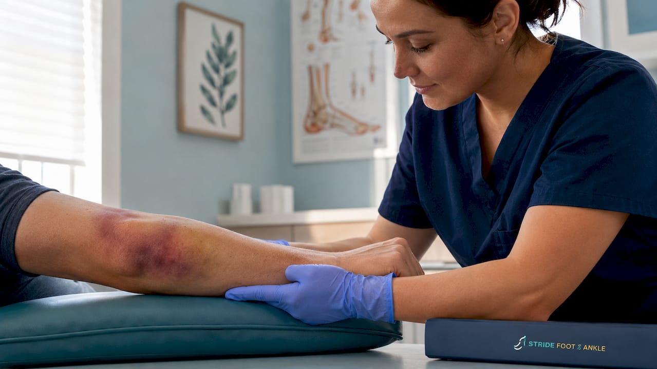 Swollen bruised forearm showing fracture symptoms