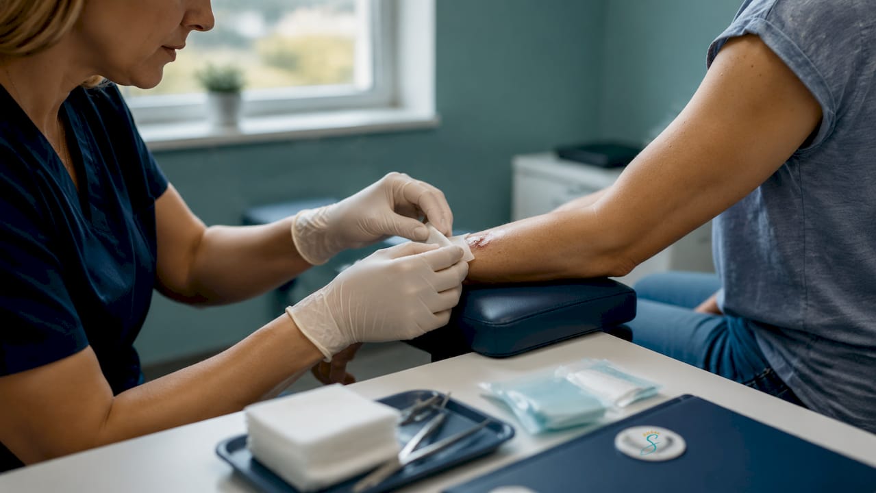 Medical hands applying dressing to wound