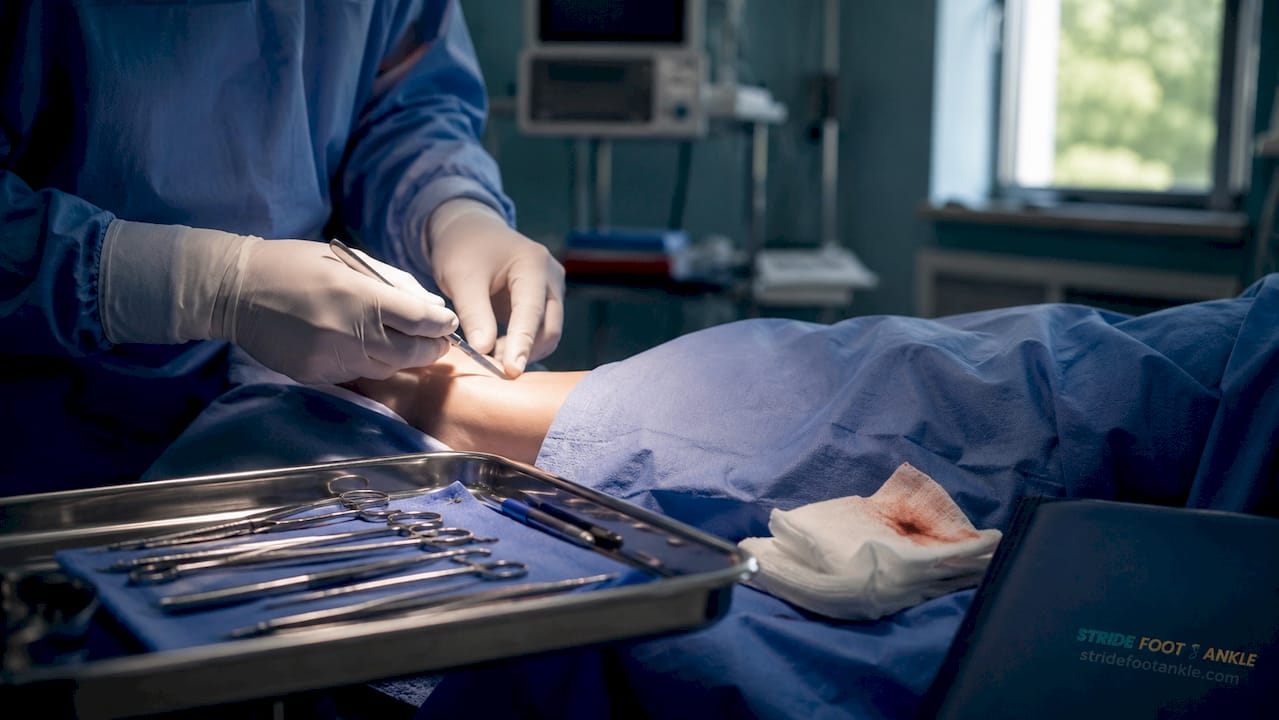 Surgical instruments and surgeon's hands in operating room