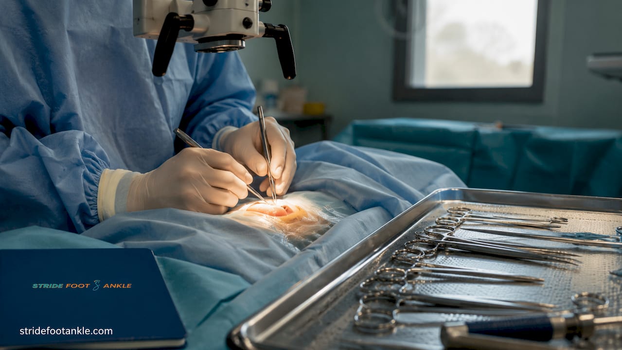 Surgeon's hands performing nerve repair surgery